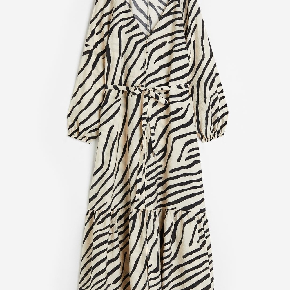 Black and white maxi sundress with wrap design long bishop sleeves and v-neck